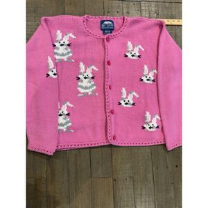 Vintage Rey Wear Cardigan Small Hand Knitted in Bolivia Bunny Pompoms Cotton